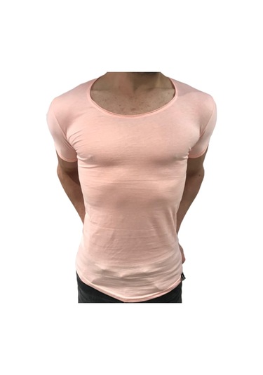 Bybülent Oval Yaka Açık Yaka Erkek Tişört Likralı Slim Fit