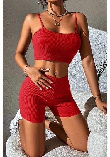 Kadın Kırmızı Şortlu Kaşkorse Gecelik Takım Çok Renkli