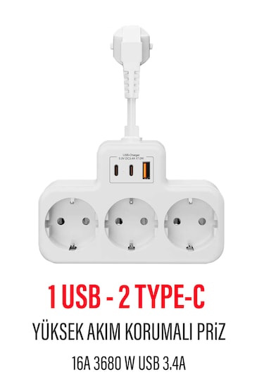 Çoklu Kablolu Priz-priz Çoğaltıcı 1usb-2typec Beyaz