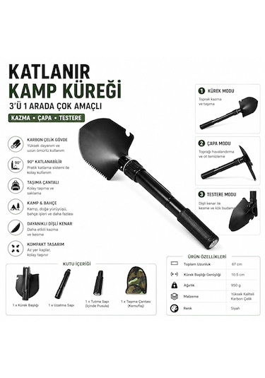Katlanır Kamp Küreği 3 Ü 1 Arada Çok Amaçlı Kazma Çapa Testere Çok Amaçlı El Aleti