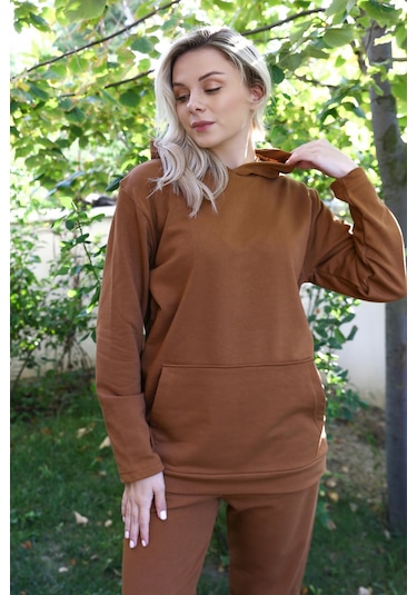 Akbeniz Kadın Pamuk Kapşonlu Cepli 3 İplik Kahve Eşofman Takım 9037-kahve Kahve