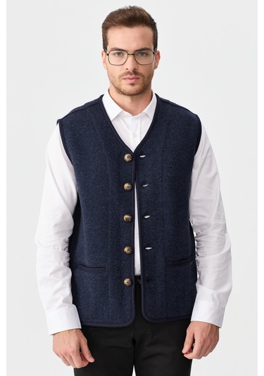 Erkek V Yaka Keçe Aksesuarlı Pike Dokuma Yün Yelek K.lacivert K.lacivert