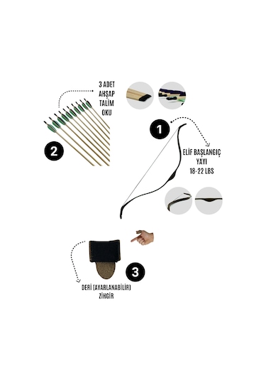 Geleneksel Okçuluk Başlangıç Seti - Elif Yay + 3 Ok + Zihgir