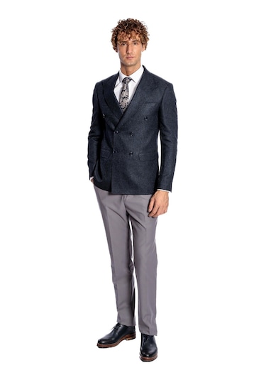 Wessi Kazayağı Desenli Lacivert Erkek Kruvaze Ceket - Wessi Lacivert