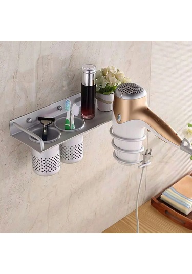 Moveevo Çok Amaçlı Alüminyum Düz Tutucu Stand Raf Depolama Düzenleyici Duvara Monte Saç Kurutma Makinesi 2 Bardaklı Banyo