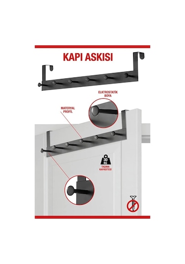 Pratik 6'lı Metal Kapı Arkası Askısı - 30 Kg Taşıma Kapasiteli Siyah, 46.5 Cm