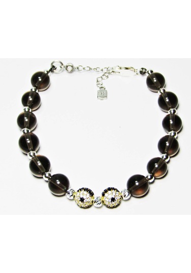 Lilahgümüş Gümüş Dumanlı Kuvars Siyah Beyaz Taşlı Kadın Bileklik