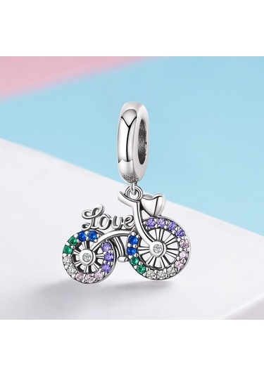 Fastbuy S925 Ayar Gümüş Bisiklet Kolye, Renkli Zirkon Boncuklu, Dıy Charm Bilezik, Çok Renkli Kolye Aksesuar Çok Renkli