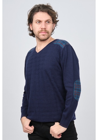 Desen Triko Erkek V Yaka Saf Yün Kazak 0246538 Lacivert Lacivert