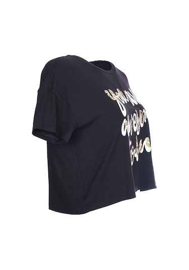 Ysatis Oversize Crop Bluz: Kısa Kol Yuvarlak Yaka Günlük Kadın Siyah