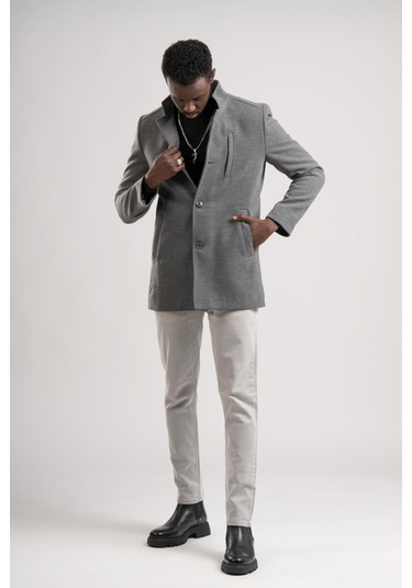 Slimfit Hakim Yaka Düğme Kapamalı Yan Cepli Astarlı Tek Yırtmaçlı Yünlü Kaşe Kaban Gri
