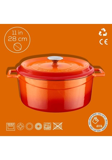 Lava Döküm Yuvarlak Tencere, Trendy, 28 Cm, 6.71 L Hacim, Turuncu Genel