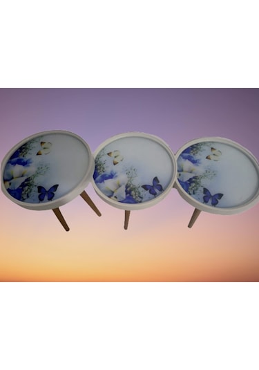 Zigon Sehpa Çember Mavi Kelebek Model Kayın Retro Parlak Ceviz 3