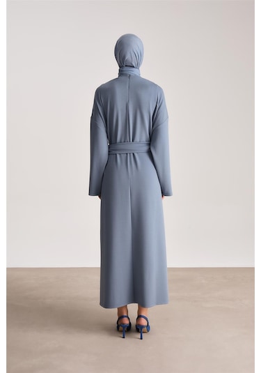 Armine Örme Beli Çift Bağlamalı Elbise Ort9727 İndigo Mavi