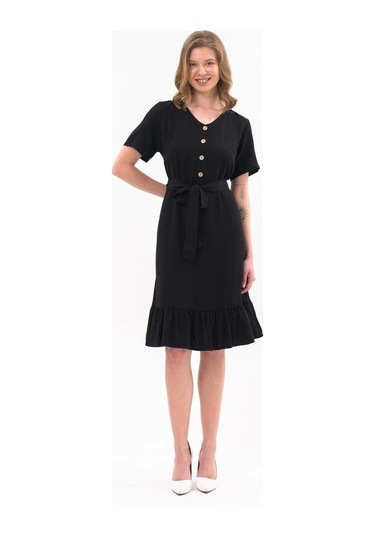 Apsen Kadın Siyah Renk Önden Düğme Detaylı Yazlık Midi Elbise 4437-105 Siyah