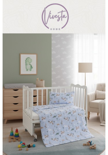 Hayvan Desenli Pamuk Bebek Pike Seti Yumuşak, Antialerjik ve Nefes Alan Kumaş Mavi Renkli