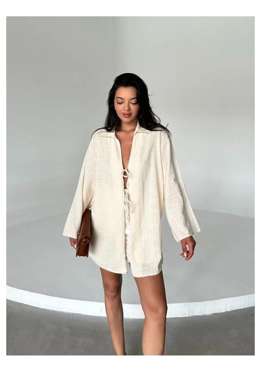 Taş Rengi %100 Keten Bağcık Detaylı Kimono Bluz Taş