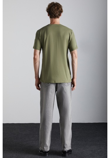 Solo Erkek %100 Organik Pamuklu Kalın Dokulu Comfort Fit Bisiklet Yakalı Haki T-shirt