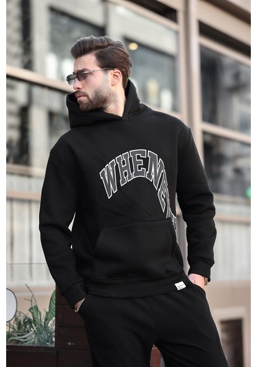 Madmext Siyah Kapüşonlu Baskılı Cep Detaylı Erkek Sweatshirt E7065 Siyah