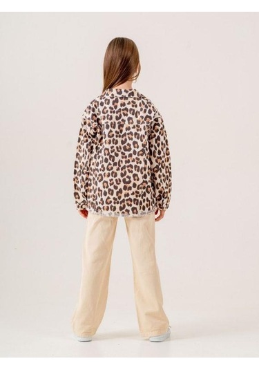 Kız Çocuk Leopar Desenli Kot Ceket İçi T-shirt Takım-15511 Kahverengi
