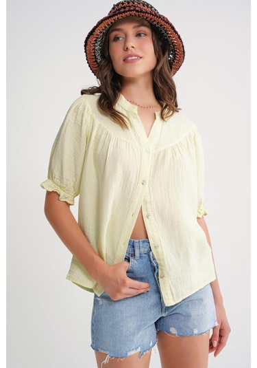 4725 Kadın Büzgü Robalı Kolu Fırfırlı Müslin Gömlek Pastel Sarısı Pastel Sarısı