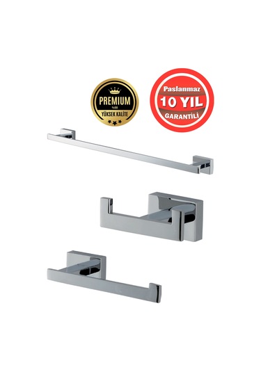 Çelik Banyo Paslanmaz Pirinç Banyo Aksesuar 3'lü Set Kenzo Havluluk Tuvalet Kağıtlık Askılık Krom