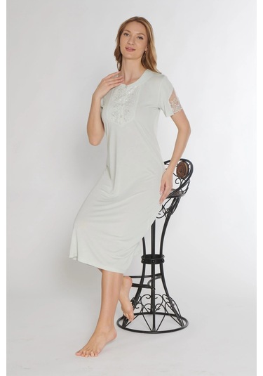 Klasik Dantel Detaylı Kısa Kollu Şık Zarif Gecelik Flz 38-30 Mint