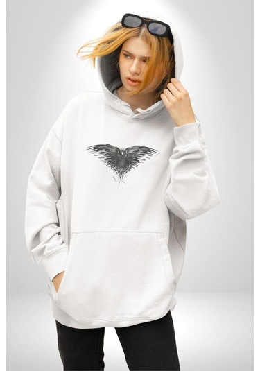 3 Gözlü Kuzgun Kadın Erkek Beyaz Kapüşonlu Sweatshirt Hoodie Beyaz