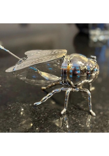 Pazly Altın Kaplı Gümüş Lüks Arı Bal Kavanozu - Şeffaf Cam Kavanoz - Mutfak Dekorasyonu İçin Bal, Baharat Saklama Kavanozu - Bal Kaşığı İle Gümüş