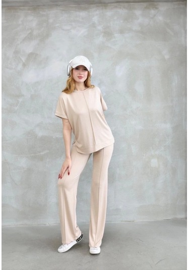 Osy Modal Yumuşak Dokulu Kumaş Bisiklet Yaka Kısa Kollu Takım - Bej Bej