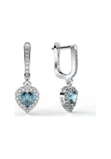 925 Ayar Akuamarin Taşlı Rodyum Pırlanta Işıltılı Sallantılı Kalp Gümüş Küpe Gümüş