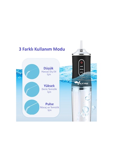 Valkyrie Şarj Edilebilir 4 Başlıklı Taşınabilir Diş Protez Bakım Ve Ağız Duşu Yüksek Kapasite Siyah