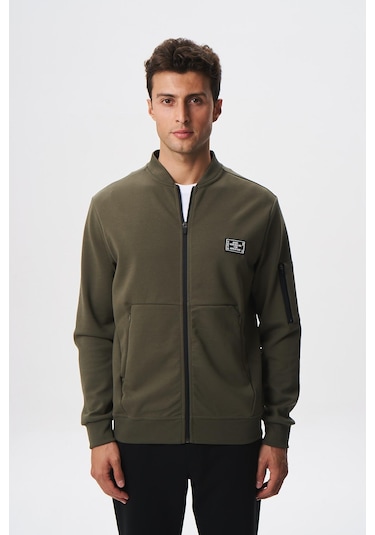 Arma Erkek Slim Fit Scuba Su Geçirmeyen Kumaş Basic Kol Cepli Tam Fermuar Kolej Yaka Sweatshirt K28324988301 Haki