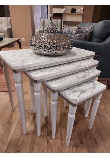 Akset 4lü Lüx Zigon Sehpa Beyaz Mermer Gümüş