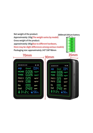 Gajeena Zn-mt14 Beyaz Ayaklı 12'li Hava Kalite Monitörü - Co, Co2, Pm2.5, Hcho Ve Tvoc Tespiti İle Ekranda Eğri Gösterim