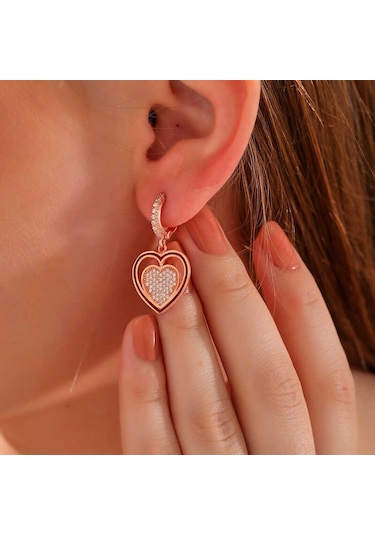 Aya Diamond Gümüş Rose Sallantılı Kalp Kadın Küpe Rose
