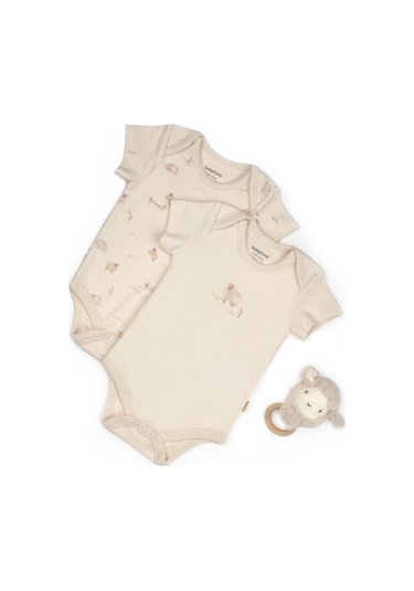 Bebek 2li Kısa Kollu Zıbın Body %100 Organik Pamuk, Bebek-yenidoğan-csy8176 Bej - Ekru