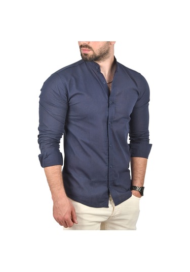 Deepsea Erkek Lacivert Slim Fit Dar Kesim Keten Gömlek Hakim Yaka Pamuklu Keten Spor Gömlek 2201895 Lacivert