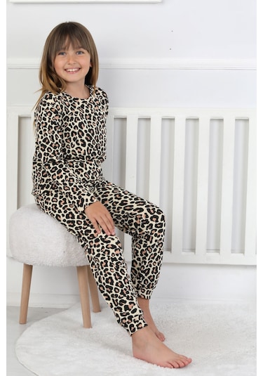 Minik Uyku Avcısı - Vahşi Rahatlık Serisi Leopar Desenli Kız Çocuk Pijama Takımı Sarı