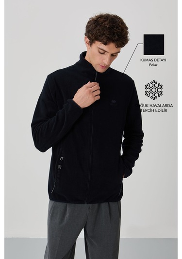 Tommy Life Lacivert Yazı Nakışlı Dik Yaka Fermuarlı Standart Kalıp Erkek Sweatshirt Polar - 87992 Lacivert