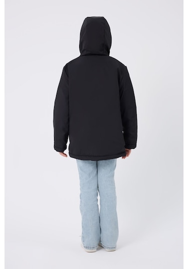 Freemen Kız Çocuk Siyah Kürklü Su Ve Rüzgar Geçirmez Kapüşonlu 3 Kışlık Mont Siyah