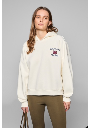 LUXE Kadın Renk Nakışlı Ve Arkası Baskı Detaylı Kapüşonlu Ekru Sweatshirt