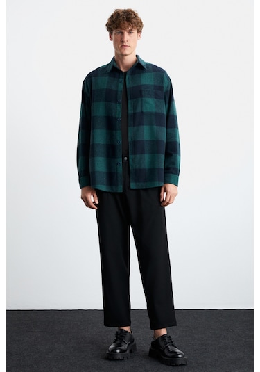 Wıldy  Erkek Pamuk-polyester Gömlek Yaka Relaxed Oduncu Yeşil Gömlek