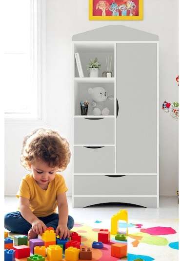 Floradesign Gardırop / Elbise Dolabı / Çocuk Genç / Raflı Ve Çekmeceli Gri Beyaz