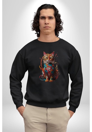 Renkli Yağlı Boya Kedi Unisex Siyah Baskılı Sweatshirt Siyah