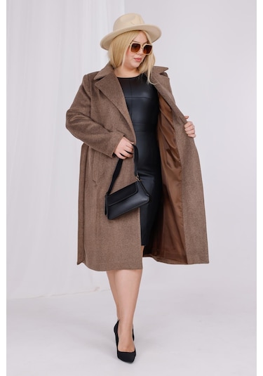 Kadın Kahve Melanj Yün Kaşe Kemer Ve Astar Detay Büyük Beden Kaban Sütlü Kahverengi