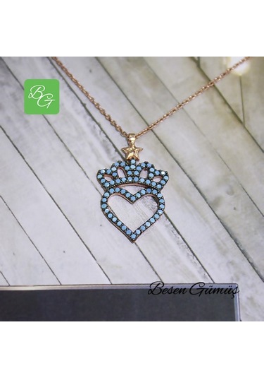 Firuze Taşlı Kraliçe Tacı Ve Kalp Temalı Kolye Rose - Gold -  Gümüş