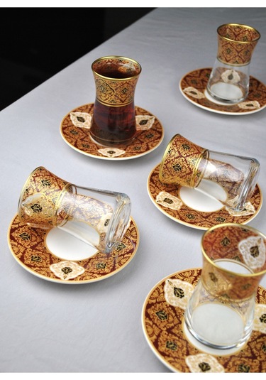12 Parça 6 Kişilik Lüx Cam Çay Seti Gold Detaylı Altın Renk İşlemeli Lüks Çay Takımı Turuncu