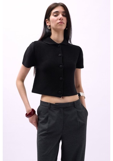 Bebe Yaka Düğmeli Bluz Siyah