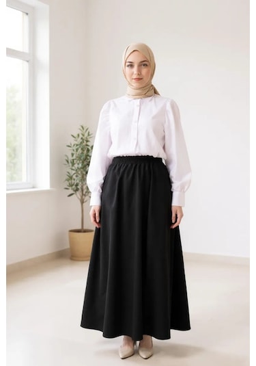 Modadua Kadın Siyah Double Kumaş Beli Lastikli Cepli Etek